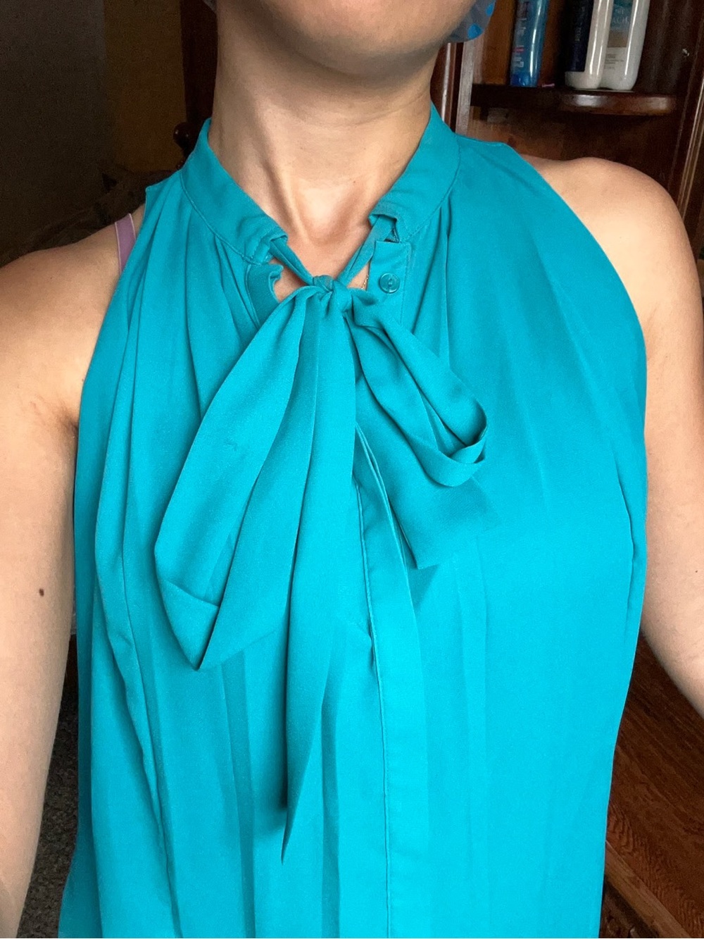 Worthington Teal Sleeveless Pleated High-Neck Top (005)